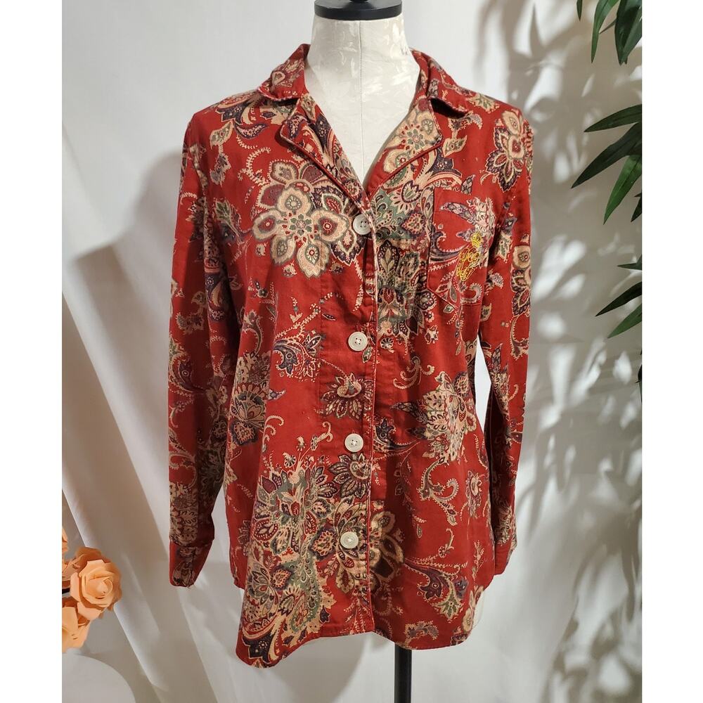 Vtg Lauren Ralph Lauren Flannel Embroidered Monogram Logo Button Sleep Shirt L
